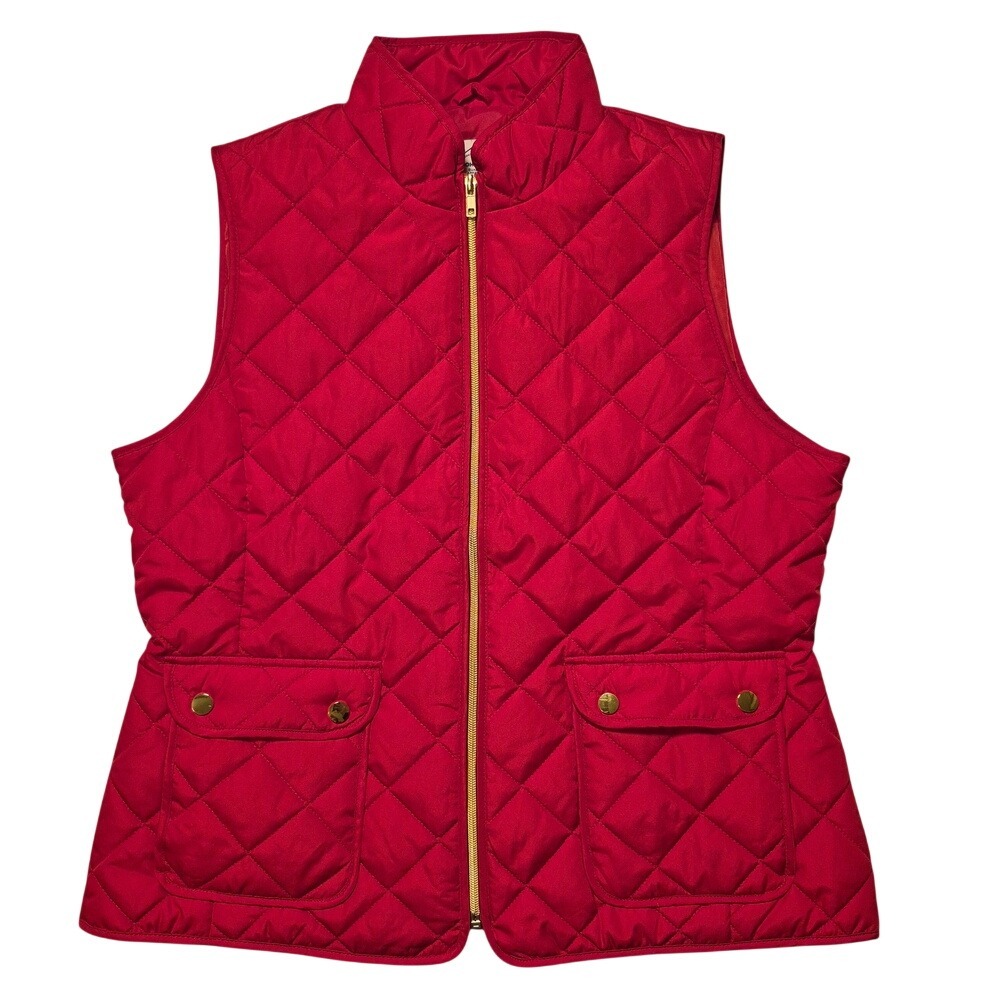 St. John's Bay Women's Quilted Puffer Vest Red Size L Gold Zipper Snap‎ Pockets